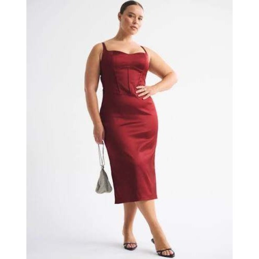 Abercrombie & Fitch Red Satin Sweetheart Neckline Corset Midi Dress Size Medium